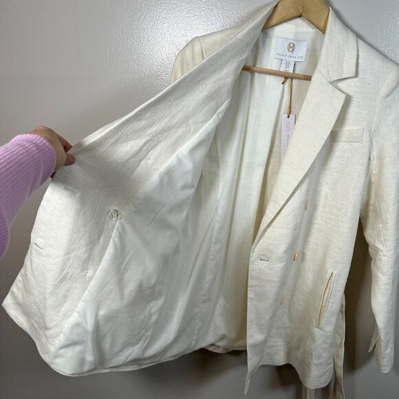 House of Harlow Linen Blend Blazer Jacket Size XS Ivory Double Breasted Tie - Picture 11 of 13